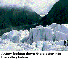 A view looking down the glacier into the valley below.