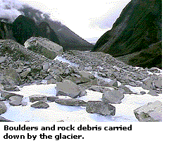 Boulders and rock debris carried down by the glacier.